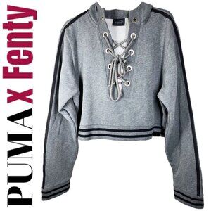 PUMA x FENTY Gray Cropped Oversized‎ Lace Up Rising Sun Hoodie, Size Small